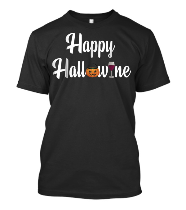 Happy Hallowine Pumpkin And Wine Glass Funny Halloween Wine Love T-Shirt