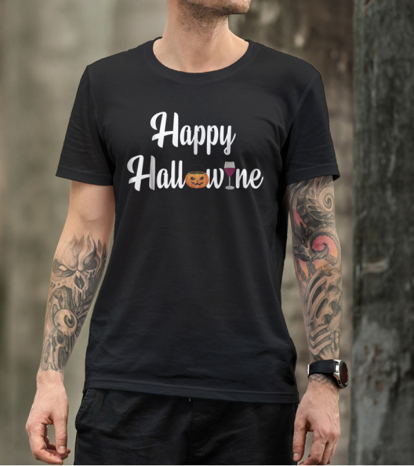 Happy Hallowine Pumpkin And Wine Glass Funny Halloween Wine Love T-Shirt