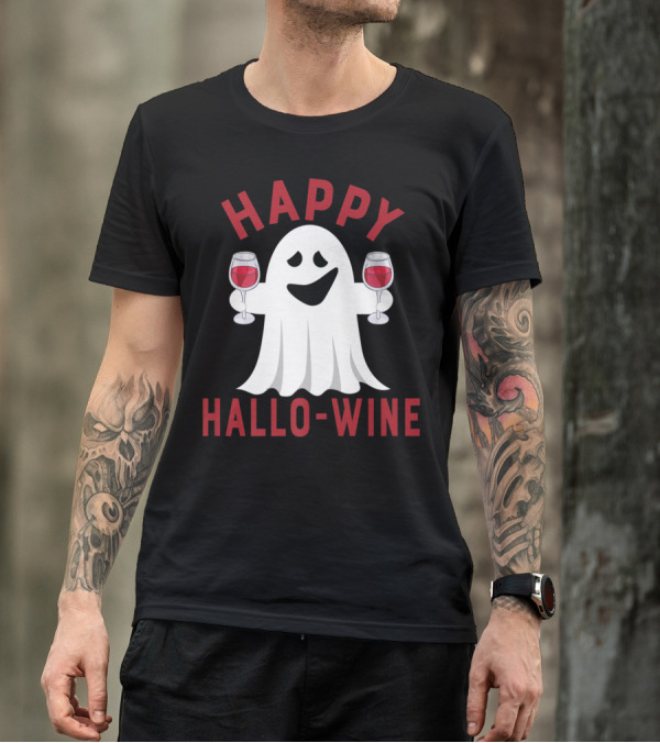 Happy Hallo-Wine Ghost With Wine Glasses Halloween T-Shirt