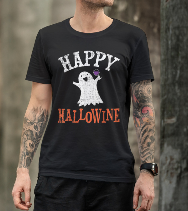Happy Hallowine Halloween Ghost Vintage Drinking T-Shirt