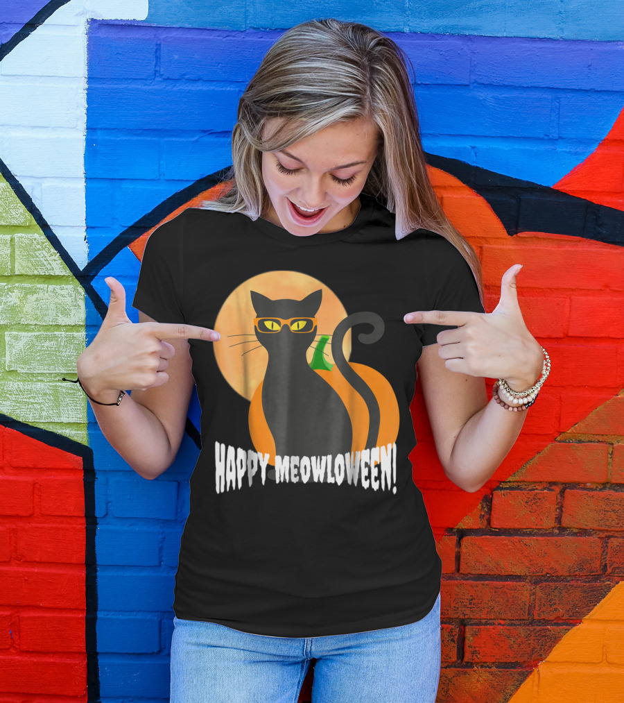 Happy Meowloween Hipster Halloween Cat With Glasses And Moon T-Shirt