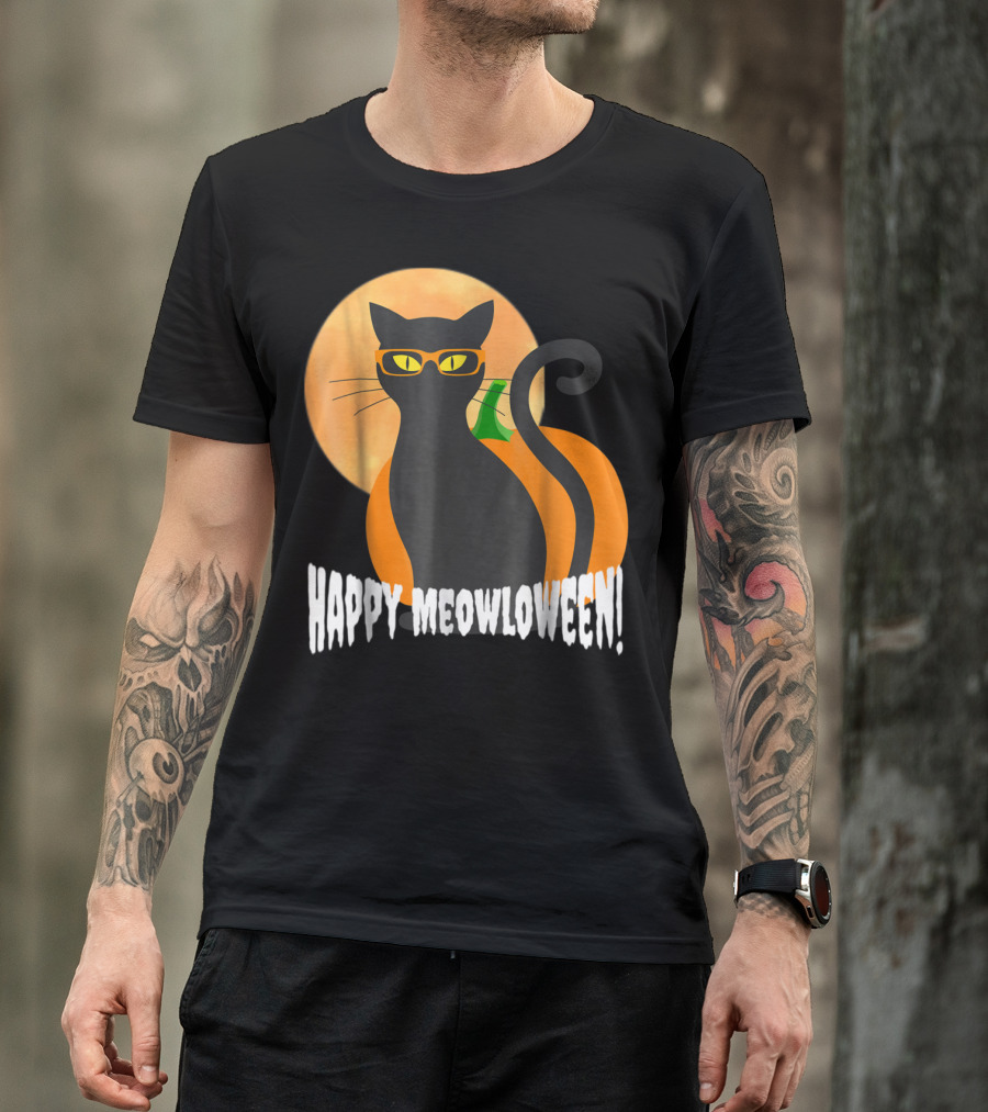 Happy Meowloween Hipster Halloween Cat With Glasses And Moon T-Shirt