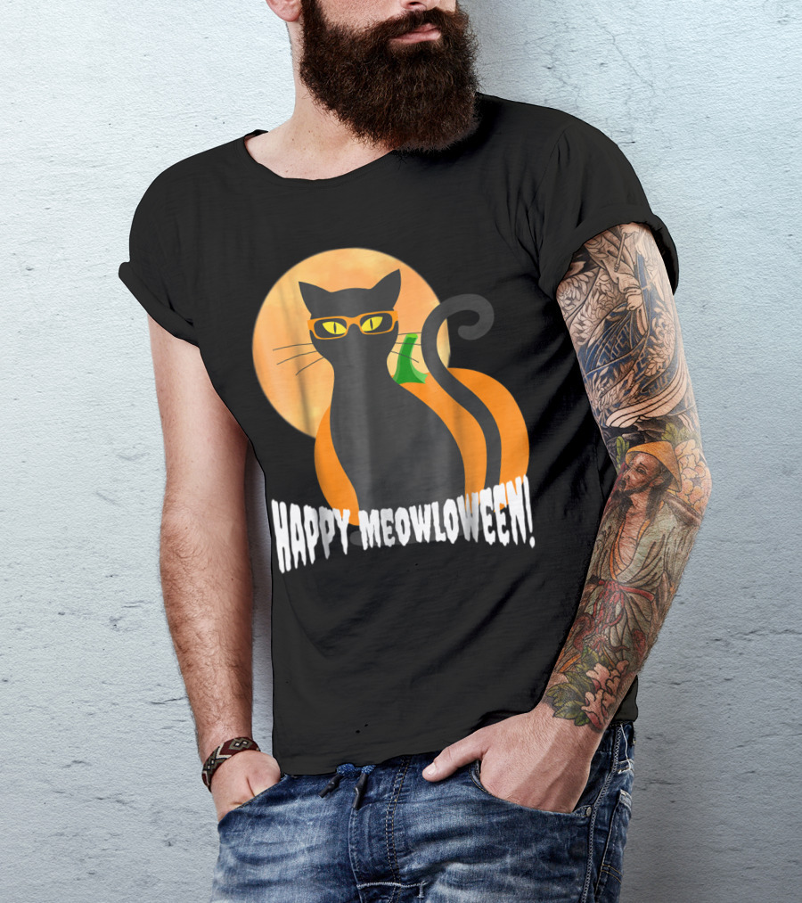 Happy Meowloween Hipster Halloween Cat With Glasses And Moon T-Shirt