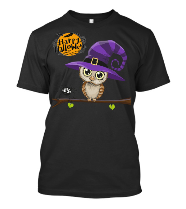 Happy Halloween Owl In Witch Hat With Spider And Bat T-Shirt