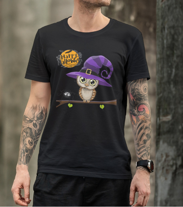 Happy Halloween Owl In Witch Hat With Spider And Bat T-Shirt