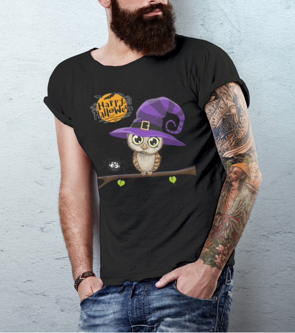 Happy Halloween Owl In Witch Hat With Spider And Bat T-Shirt