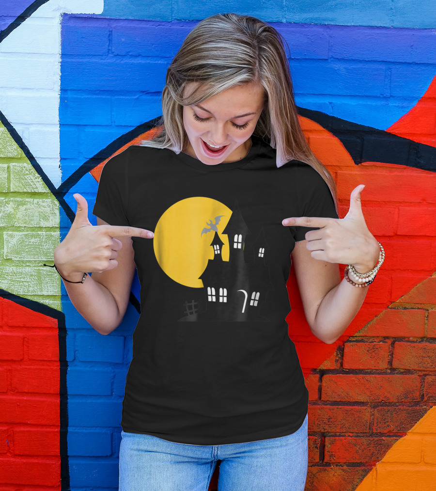 Haunted House And Harvest Moon With Bat And Yellow Full Moon T-Shirt