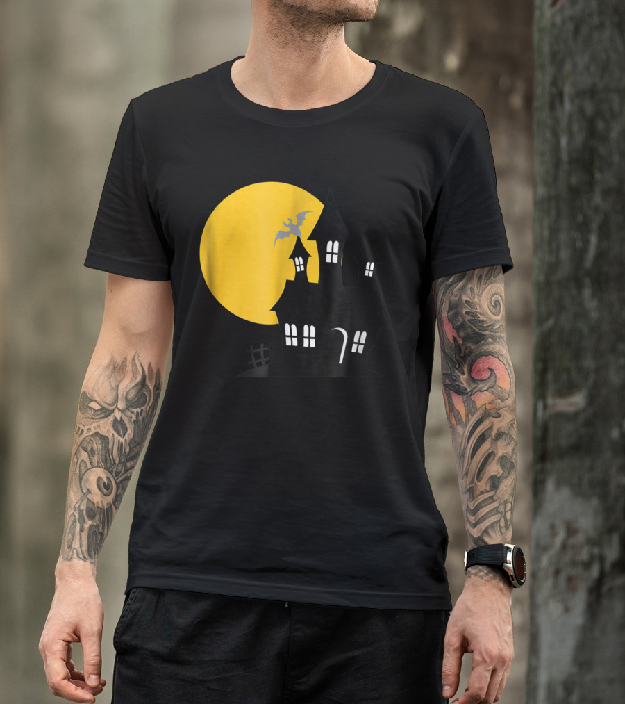 Haunted House And Harvest Moon With Bat And Yellow Full Moon T-Shirt