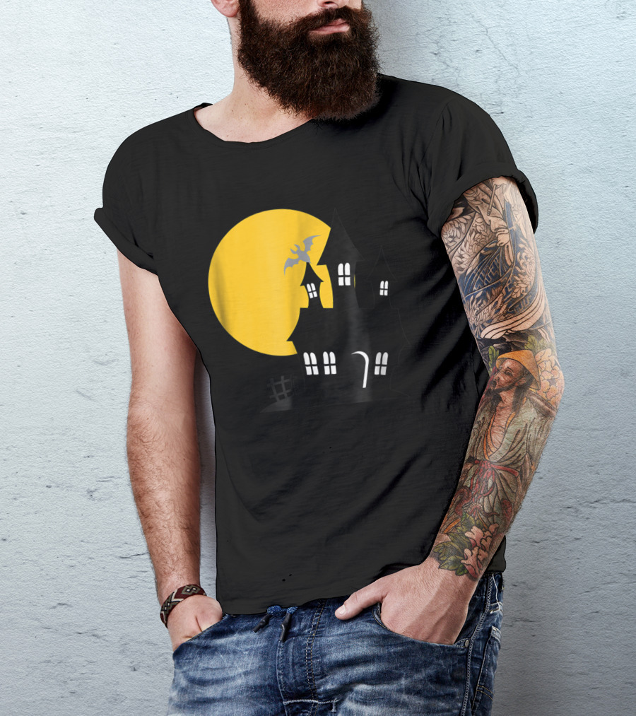 Haunted House And Harvest Moon With Bat And Yellow Full Moon T-Shirt