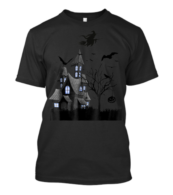 Haunted House Witch Flying Halloween Bats And Spooky Tree T-Shirt