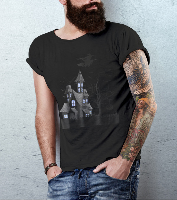 Haunted House Witch Flying Halloween Bats And Spooky Tree T-Shirt