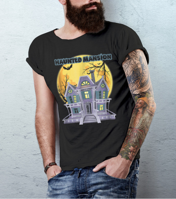 Haunted Mansion With Full Moon And Bats T-Shirt