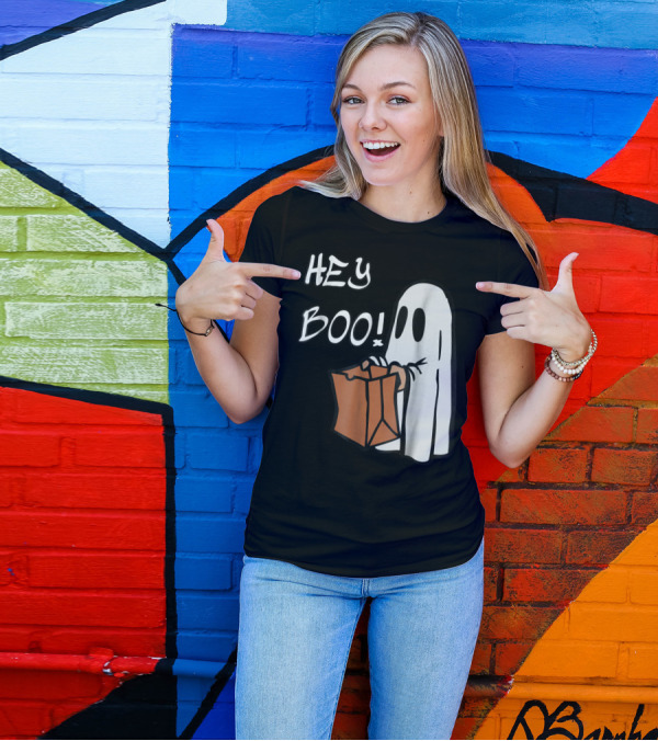 HEY BOO Ghost With Trick-or-Treat Bag T-Shirt