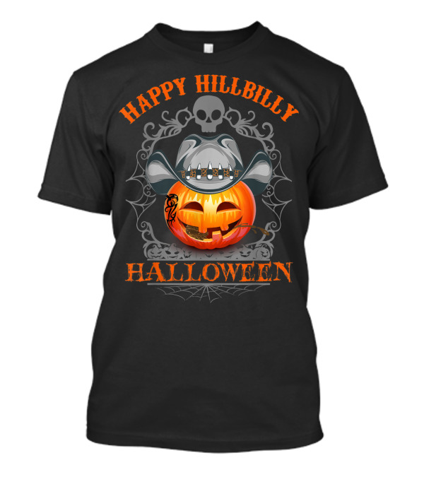 Happy Hillbilly Halloween Pumpkin Skull Cowboy Hat T-Shirt