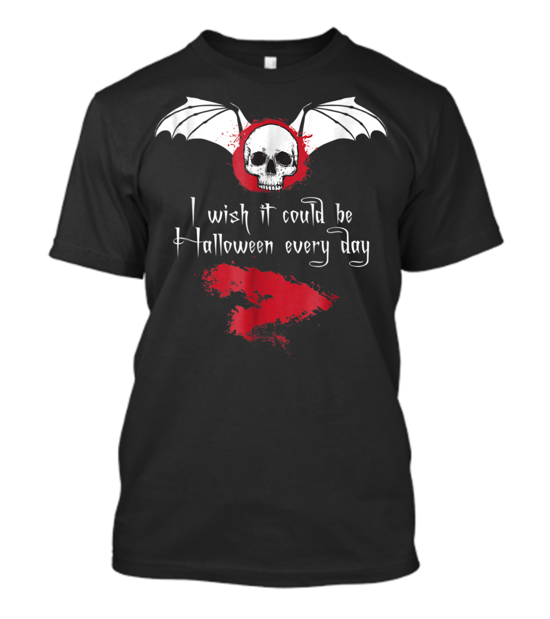 I Wish It Could Be Halloween Every Day Skull With Wings And Red Splash Goth T-Shirt