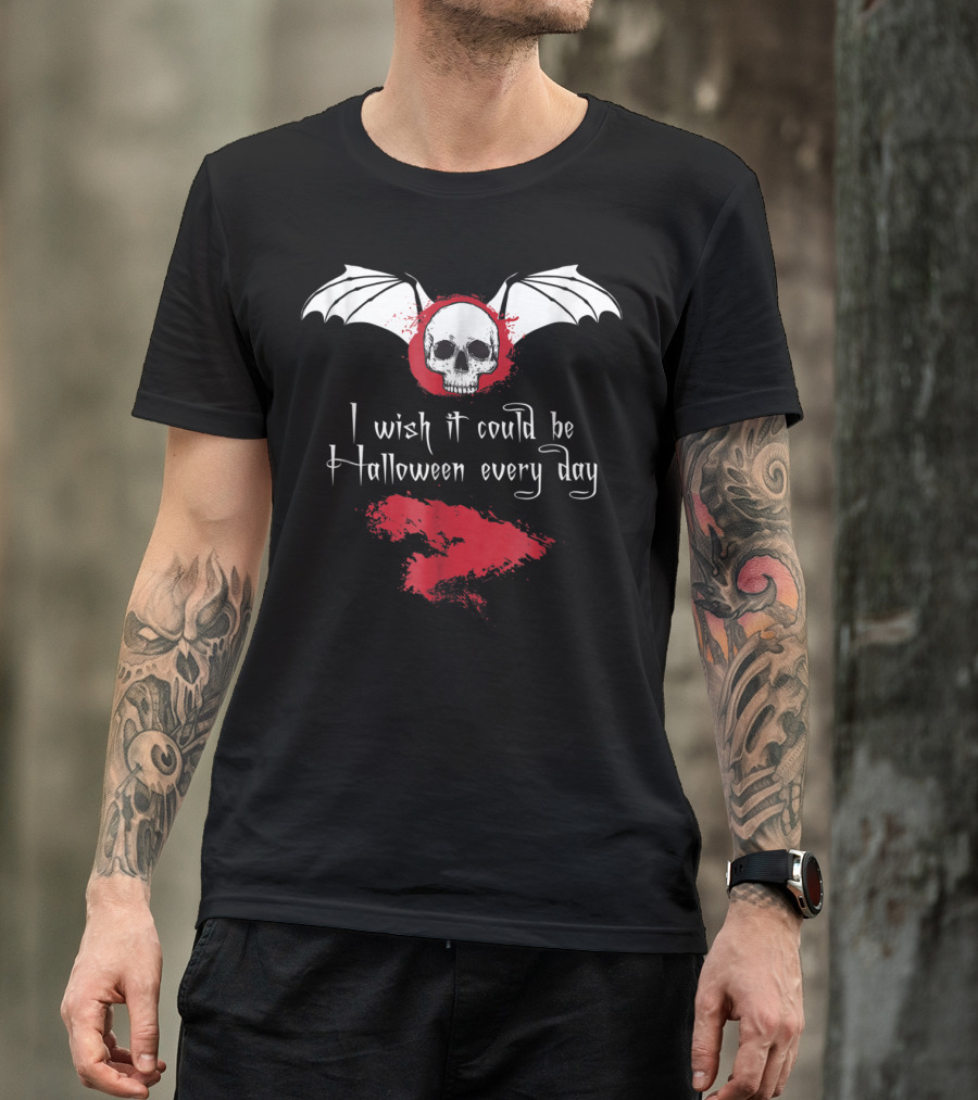 I Wish It Could Be Halloween Every Day Skull With Wings And Red Splash Goth T-Shirt
