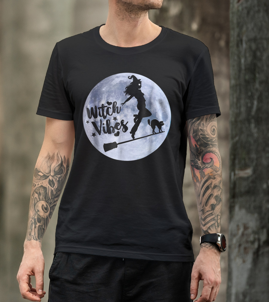 Witch Vibes Silhouette Flying On Broomstick With Cat And Moon T-Shirt