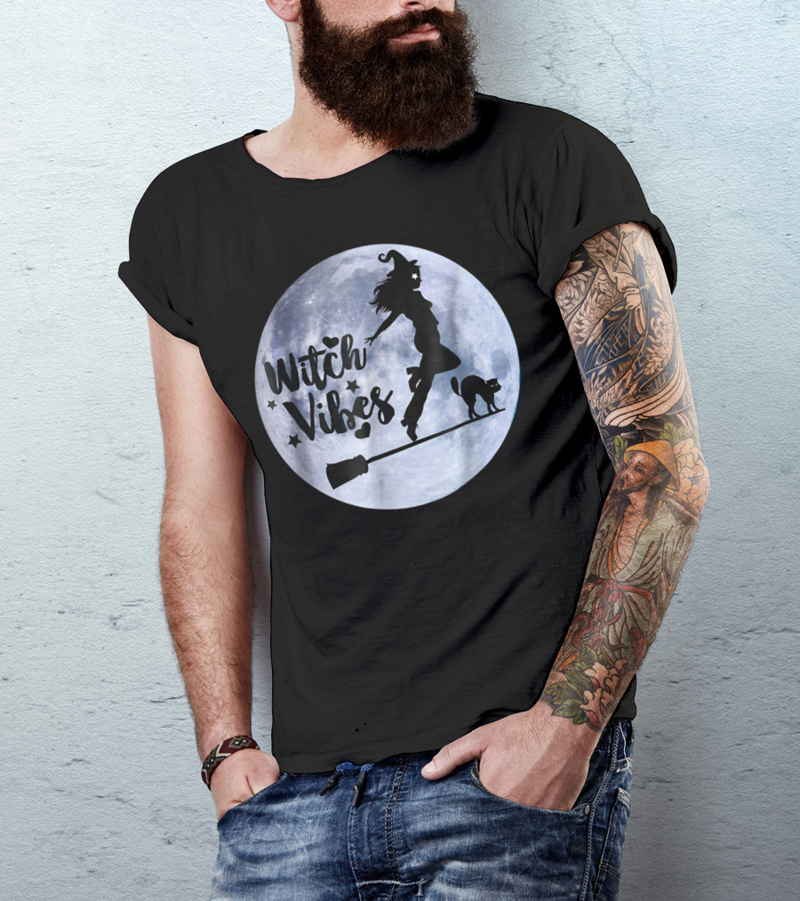 Witch Vibes Silhouette Flying On Broomstick With Cat And Moon T-Shirt