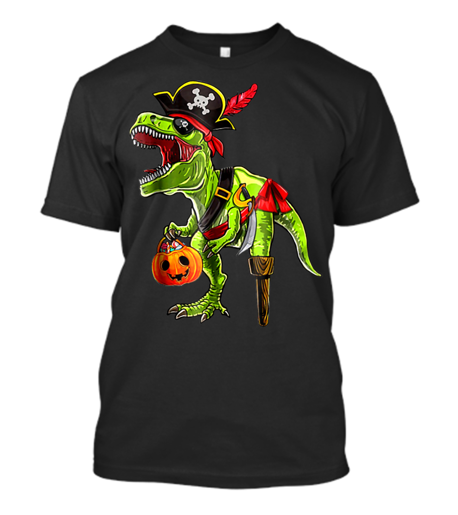 Halloween Dinosaur Trex Pirate With Pumpkin Treats T-Shirt