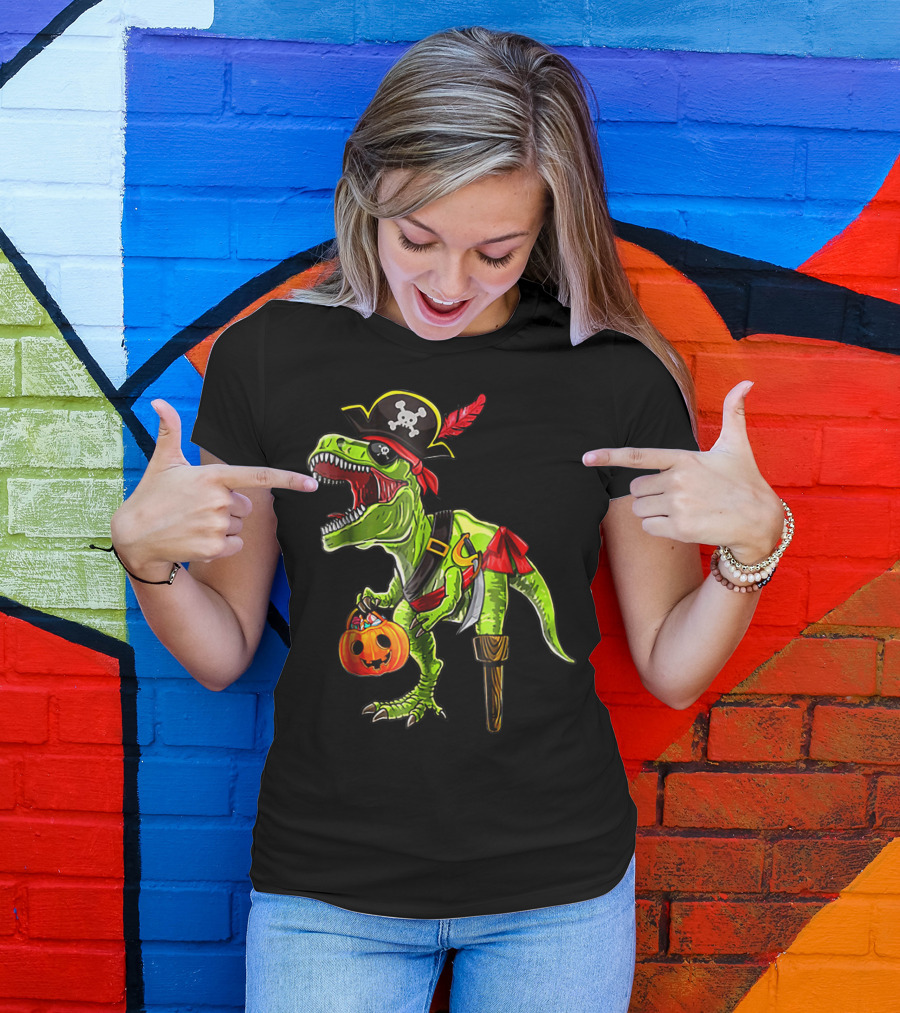Halloween Dinosaur Trex Pirate With Pumpkin Treats T-Shirt