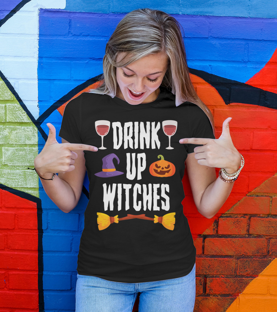 Drink Up Witches Halloween Pumpkin Broomstick Wine Glasses Hat T-Shirt
