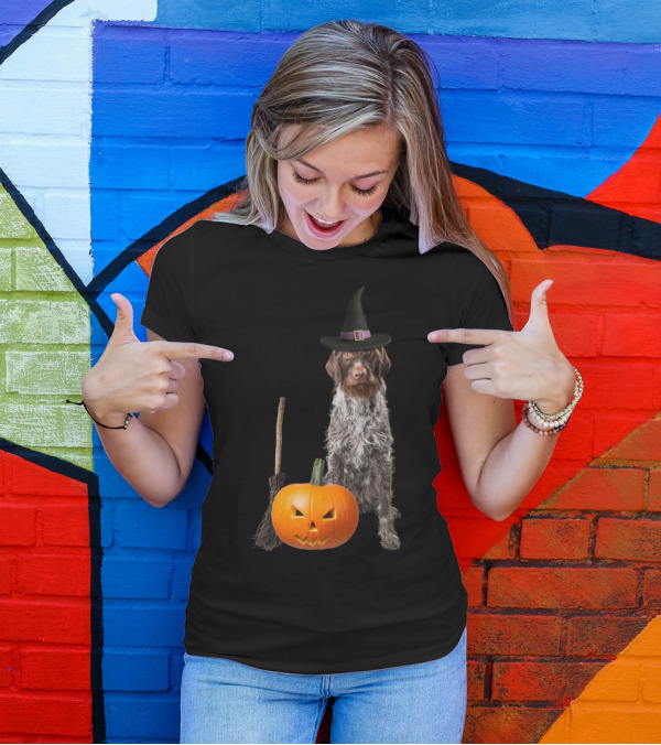 German Wirehaired Pointer Witch Hat Pumpkin Broom Halloween T-Shirt