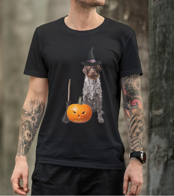 German Wirehaired Pointer Witch Hat Pumpkin Broom Halloween T-Shirt