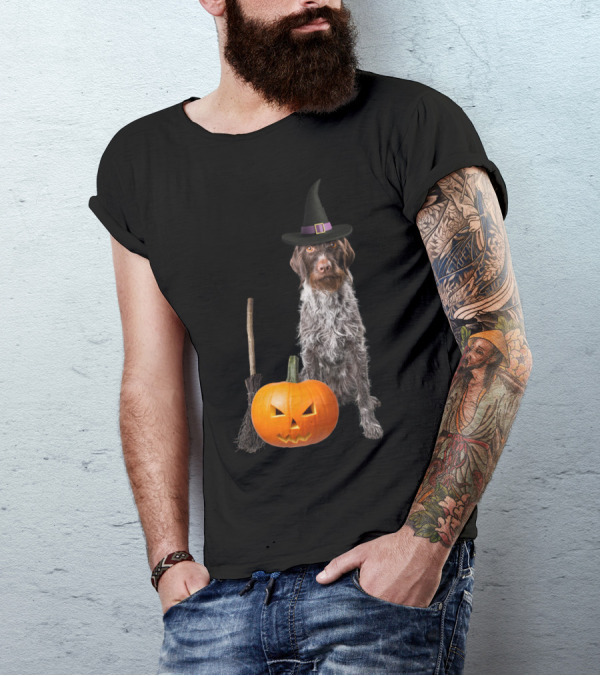 German Wirehaired Pointer Witch Hat Pumpkin Broom Halloween T-Shirt