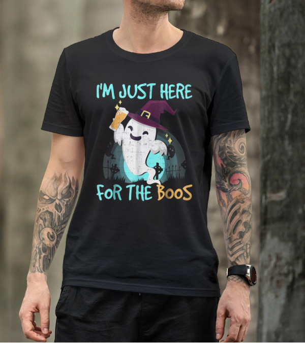 I'm Just Here For The Boos Halloween Ghost With Witch Hat And Beer T-Shirt