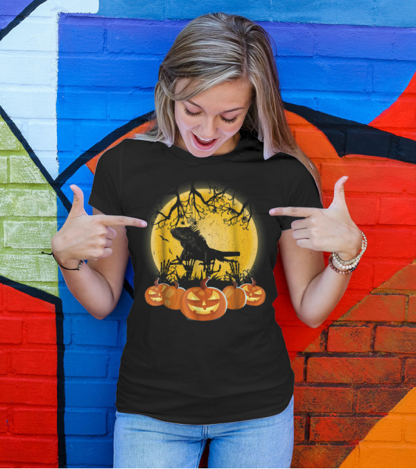 Green Iguana Silhouette Full Moon Jack-O'-Lanterns T-Shirt