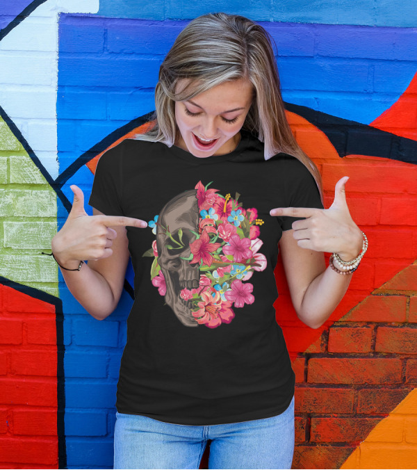 Half Skull With Flowers Halloween T-Shirt