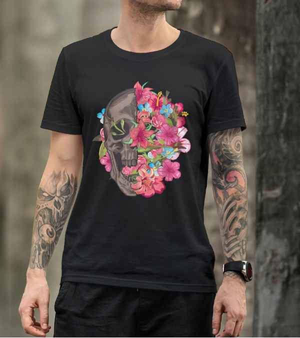 Half Skull With Flowers Halloween T-Shirt