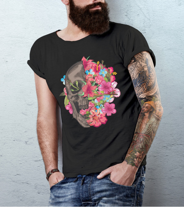 Half Skull With Flowers Halloween T-Shirt