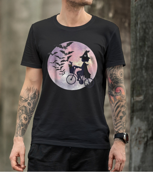 Halloween Witch Cycling With Cat And Bats In Moonlight T-Shirt