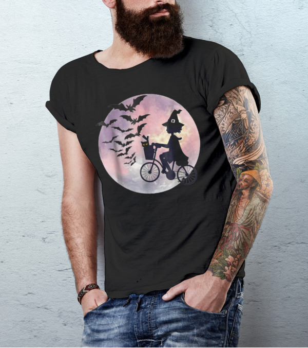 Halloween Witch Cycling With Cat And Bats In Moonlight T-Shirt