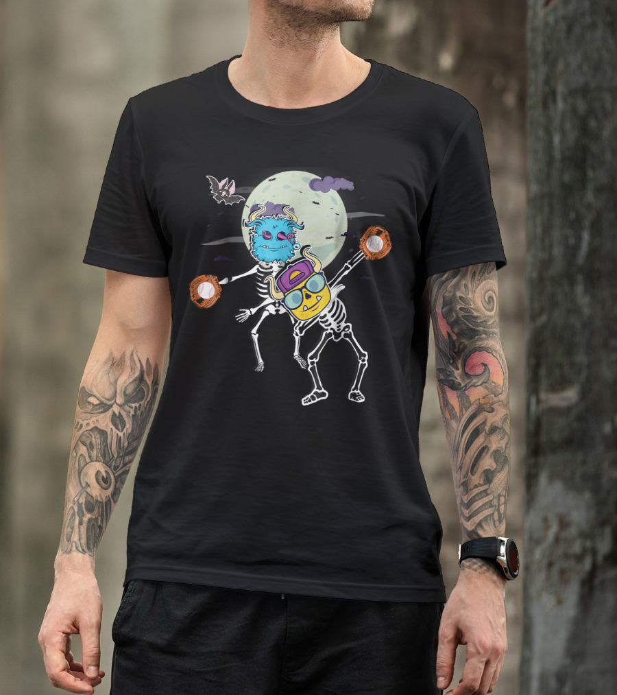 Halloween Skeletons Flossing And Dabbing With Baseball Gloves In Moonlit Scene T-Shirt