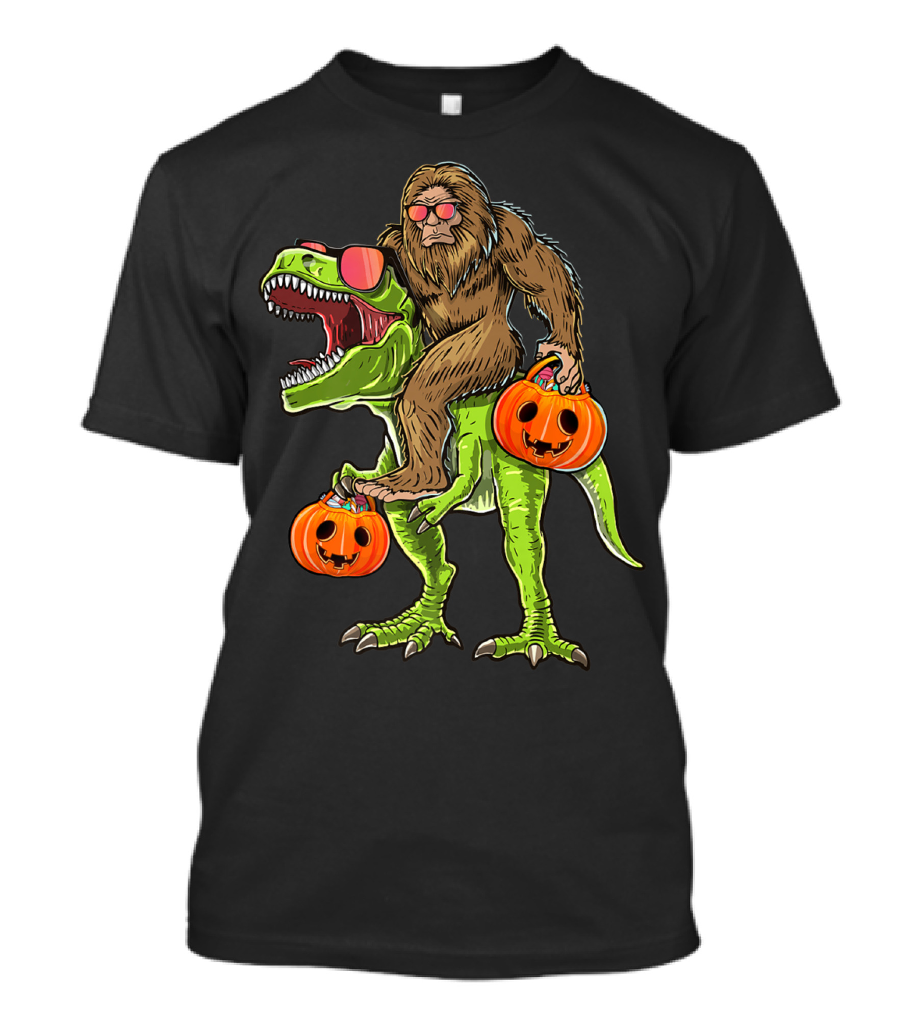 Halloween Bigfoot Riding T-Rex With Pumpkin Trick Or Treat T-Shirt
