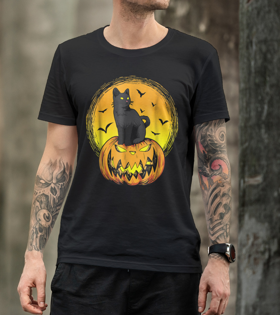 Halloween Black Cat Pumpkin Face Cool Gothic Bats Moon T-Shirt