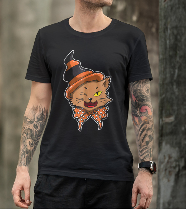 Halloween Cat Witch Hat Bowtie T-Shirt