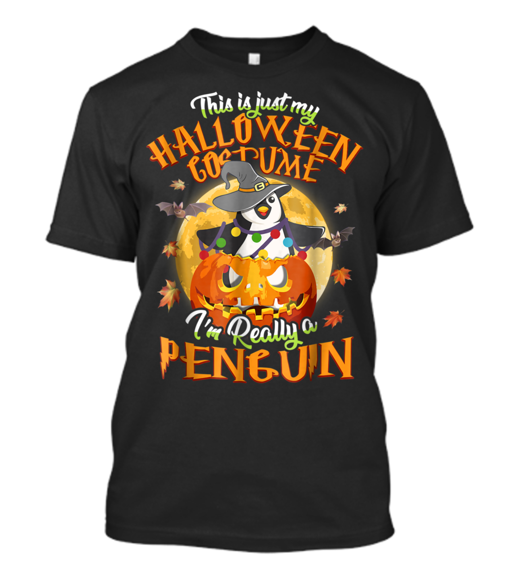 This Is Just My Halloween Costume I'm Really A Penguin With Pumpkin And Bats T-Shirt