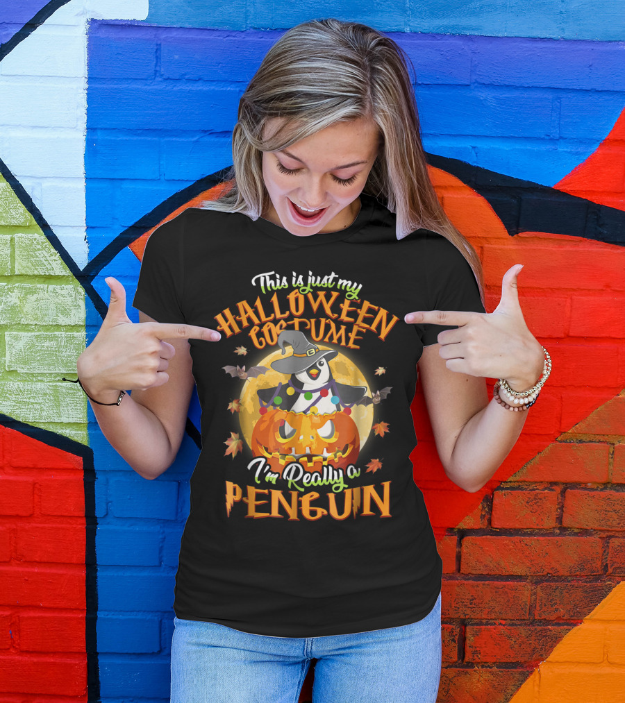 This Is Just My Halloween Costume I'm Really A Penguin With Pumpkin And Bats T-Shirt
