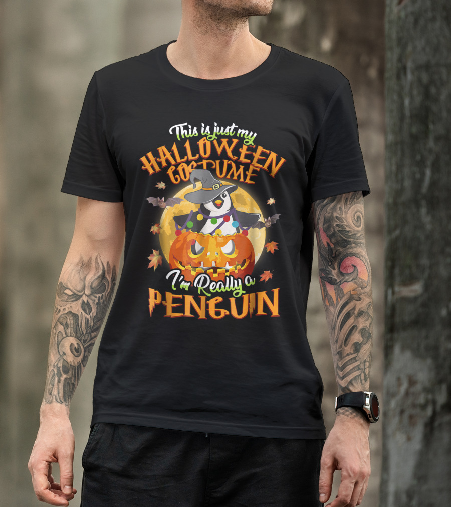 This Is Just My Halloween Costume I'm Really A Penguin With Pumpkin And Bats T-Shirt