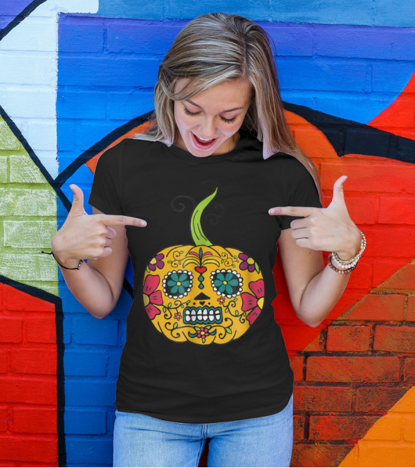 Halloween Sugar Skull Pumpkin Face Costume T-Shirt