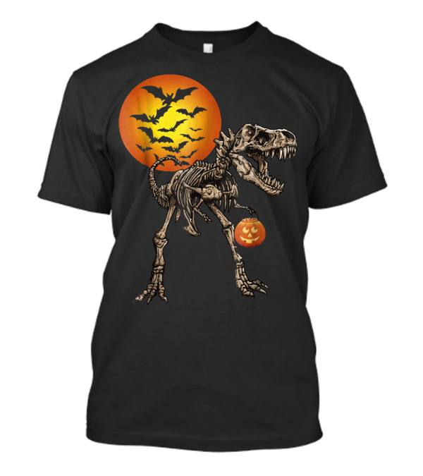 Halloween Dinosaur Rex Skeleton With Pumpkin And Bats Moon T-Shirt
