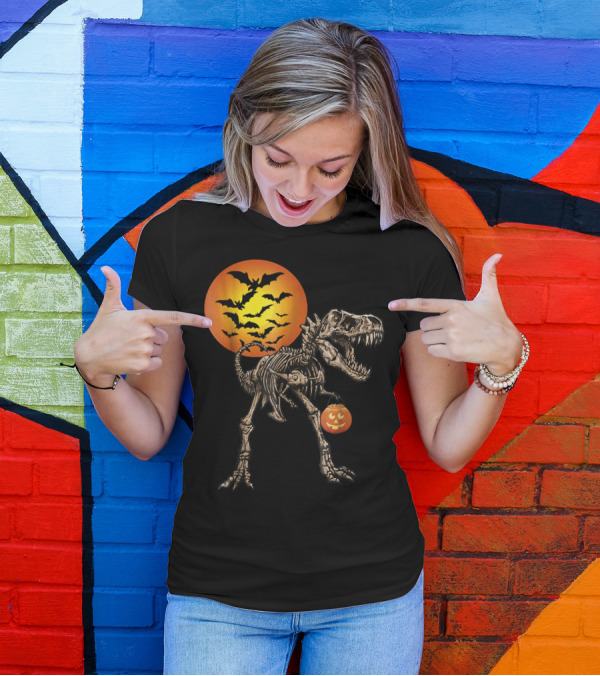 Halloween Dinosaur Rex Skeleton With Pumpkin And Bats Moon T-Shirt