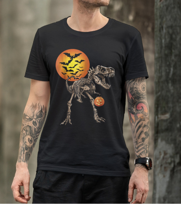 Halloween Dinosaur Rex Skeleton With Pumpkin And Bats Moon T-Shirt