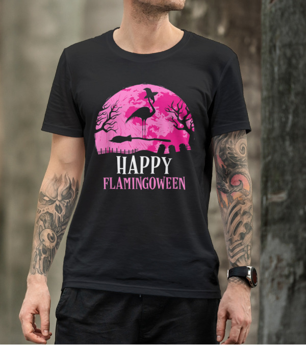 Halloween Flamingo Witch Happy Flamingoween Spooky Pink Moon T-Shirt
