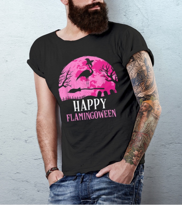 Halloween Flamingo Witch Happy Flamingoween Spooky Pink Moon T-Shirt