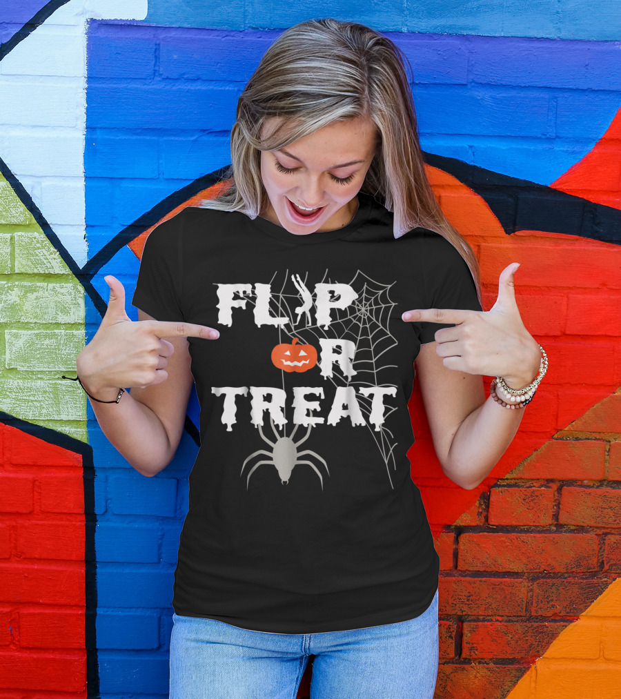 Flip Or Treat Halloween Gymnastics With Pumpkin And Spider Web T-Shirt
