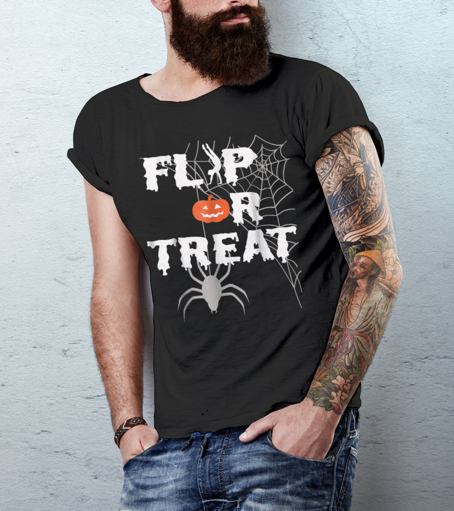 Flip Or Treat Halloween Gymnastics With Pumpkin And Spider Web T-Shirt